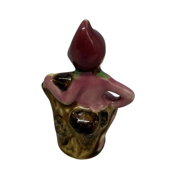 Vintage Pink Pixie Elf Salt Shaker Japan On Brown Tree Trunk Ceramic 1950’s - Picture 3 of 11